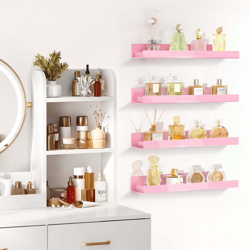 RORKIM 4 Pack 15 Inch Pink Acrylic Shelves, Kids Floating Bookshelf for Kids Room, Modern Nail Polish Rack Sunglasses Essential Oil Picture Ledge Display Toy Storage Wall Shelf - Image 5