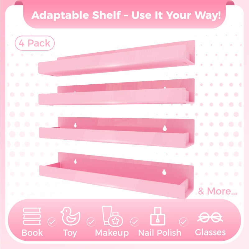RORKIM 4 Pack 15 Inch Pink Acrylic Shelves, Kids Floating Bookshelf for Kids Room, Modern Nail Polish Rack Sunglasses Essential Oil Picture Ledge Display Toy Storage Wall Shelf - Image 4