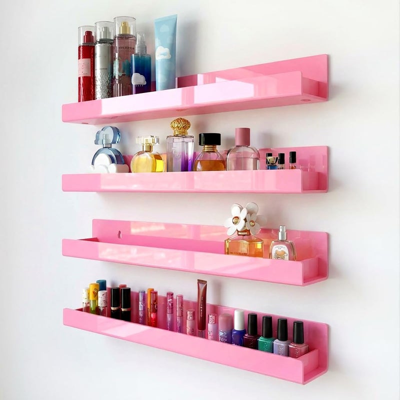 RORKIM 4 Pack 15 Inch Pink Acrylic Shelves, Kids Floating Bookshelf for Kids Room, Modern Nail Polish Rack Sunglasses Essential Oil Picture Ledge Display Toy Storage Wall Shelf - Image 1