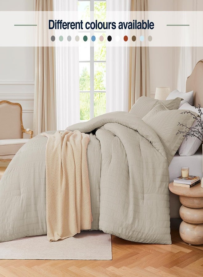Quataly Oatmeal Queen Comforter Set - 3 Pieces Seersucker Lightweight Bedding Comforter Sets (1 Soft Fluffy Comforter & 2 Pillowcases) - All Seasons Cozy Modern Bed Sets - Image 5