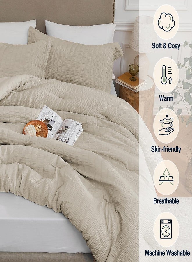 Quataly Oatmeal Queen Comforter Set - 3 Pieces Seersucker Lightweight Bedding Comforter Sets (1 Soft Fluffy Comforter & 2 Pillowcases) - All Seasons Cozy Modern Bed Sets - Image 3
