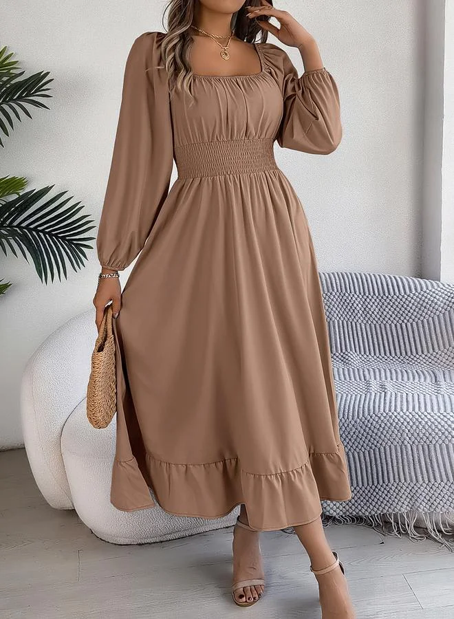 Take Two Beige Square Neck Solid Maxi Dress