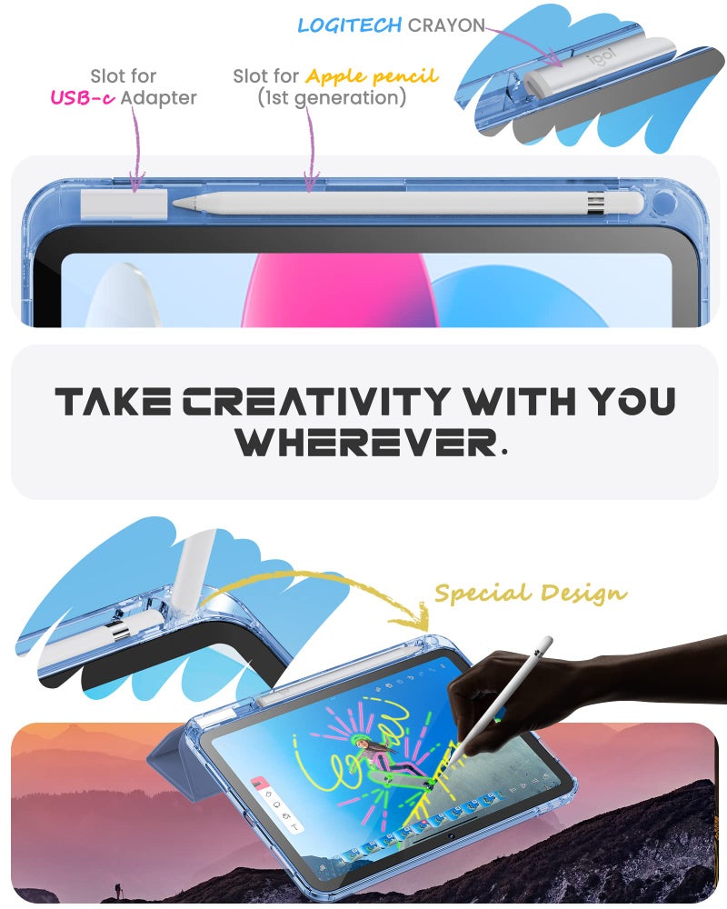 INFILAND Compatible with iPad A16 Case 11th Generation 11 Inch 2025, iPad 10th Generation Case 10.9 Inch 2022, Clear Slim Protective Cover with Apple Pencil Holder & Charging Adapter, Cerulean Blue - Image 4