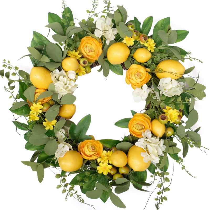 Bibelot Bibelot 20 inch Artificial Lemon Wreath with Peony Hydrangea Berries and Grapevine  Yellow White and Green  SpringSummer Wreath for Front Door Wall or Window Decor 