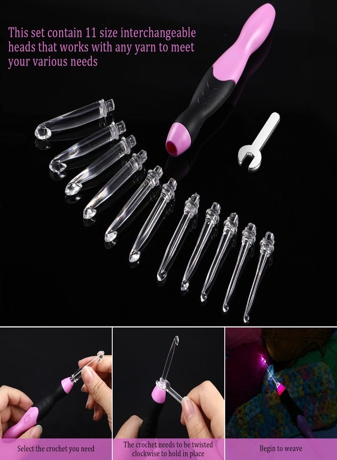 تشوانغ دي مجموعة خطافات كروشيه شتوية مضيئة من تشوانغدي، 11 مقاسًا، خطافات كروشيه قابلة لإعادة الشحن، خطافات مضيئة مع علبة، رؤوس قابلة للتبديل من 2.5 مم إلى 8 مم لمستلزمات الحرف اليدوية (وردي - أسود) - Image 5