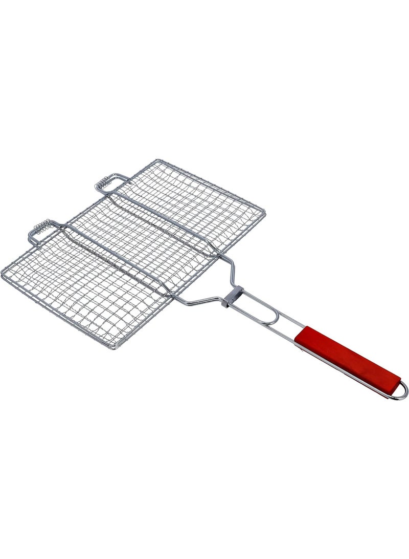 بامير شواية باربكيو فولاذية بمقبض خشبي، سلة شواء من الفولاذ المقاوم للصدأ قابلة للطي كبيرة، شواية محمولة مع شبكة قابلة للقفل، سلة شواء للأسماك والخضروات، مقاس 28 × 28 سم - Image 1