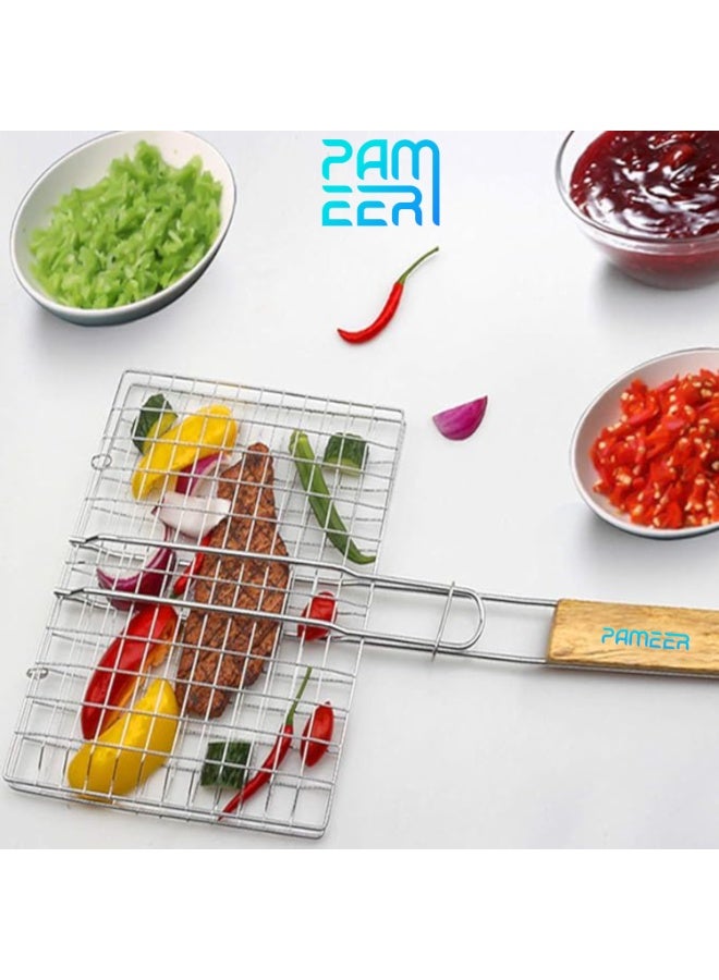 بامير شواية باربكيو فولاذية بمقبض خشبي، سلة شواء من الفولاذ المقاوم للصدأ قابلة للطي كبيرة، شواية محمولة مع شبكة قابلة للقفل، سلة شواء للأسماك والخضروات، مقاس 28 × 28 سم - Image 2