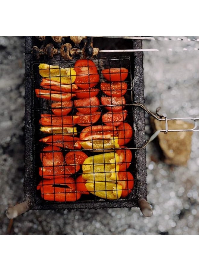 بامير شواية باربكيو فولاذية بمقبض خشبي، سلة شواء من الفولاذ المقاوم للصدأ قابلة للطي كبيرة، شواية محمولة مع شبكة قابلة للقفل، سلة شواء للأسماك والخضروات، مقاس 28 × 28 سم - Image 3