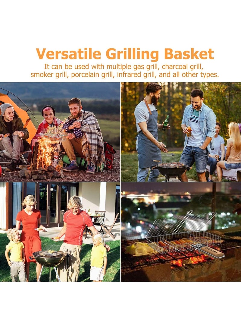 بامير شواية باربكيو فولاذية بمقبض خشبي، سلة شواء من الفولاذ المقاوم للصدأ قابلة للطي كبيرة، شواية محمولة مع شبكة قابلة للقفل، سلة شواء للأسماك والخضروات، مقاس 28 × 28 سم - Image 5