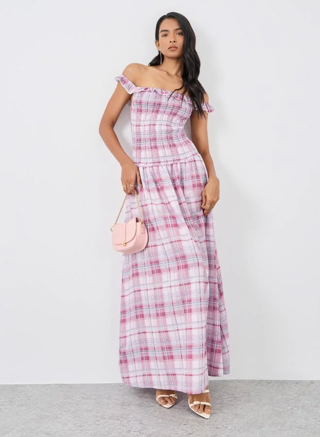 تايك تو Take Two Checked Off Shoulder Neck A-Line Maxi Dress