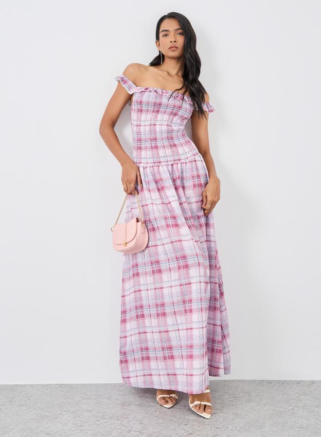 تايك تو فستان ماكسي - مكشوف الكتفين كاروهات - Image 1