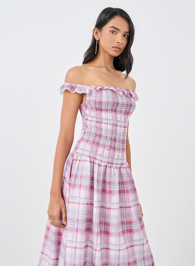 تايك تو فستان ماكسي - مكشوف الكتفين كاروهات - Image 3