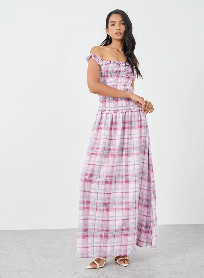 تايك تو Take Two Checked Off Shoulder Neck A-Line Maxi Dress