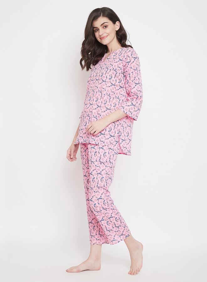 Clovia Women Printed Pink Cotton Blend Pyjama Set - Image 3