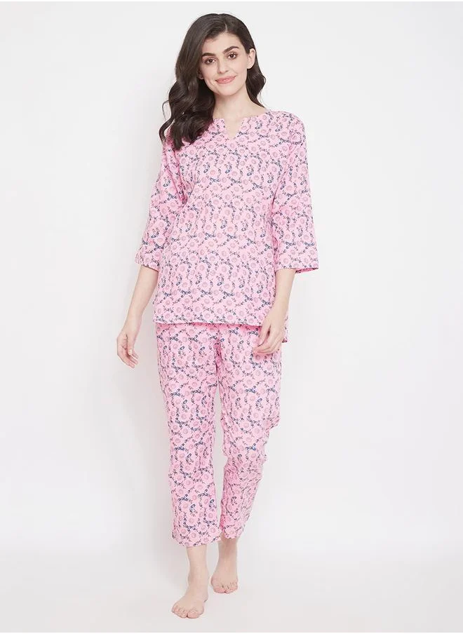 Clovia Clovia Women Printed Pink Cotton Blend Pyjama Set