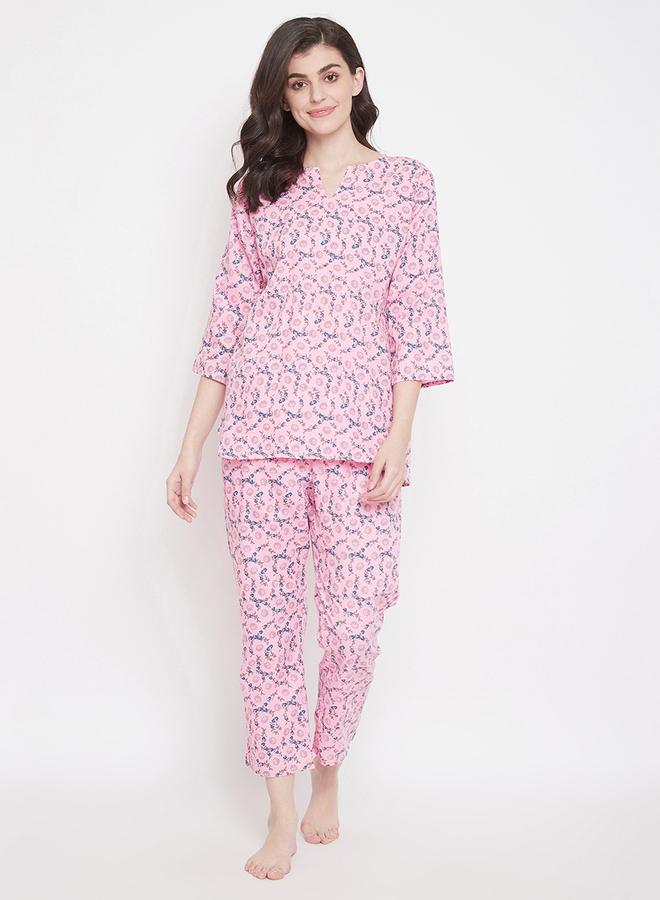 Clovia Women Printed Pink Cotton Blend Pyjama Set - Image 1