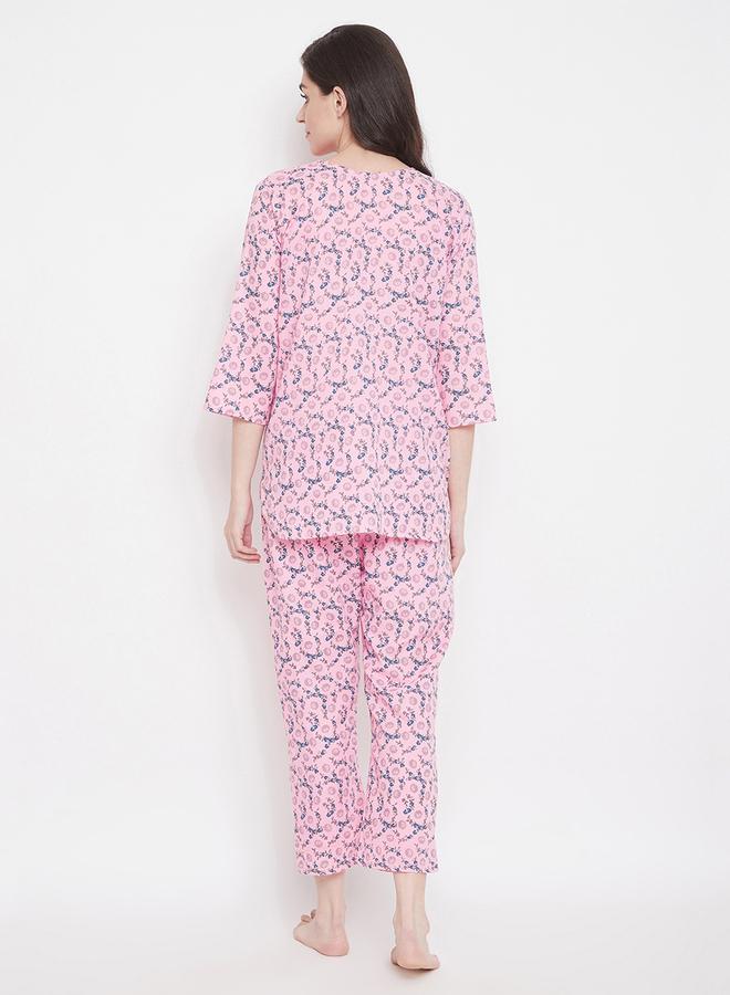 Clovia Women Printed Pink Cotton Blend Pyjama Set - Image 4