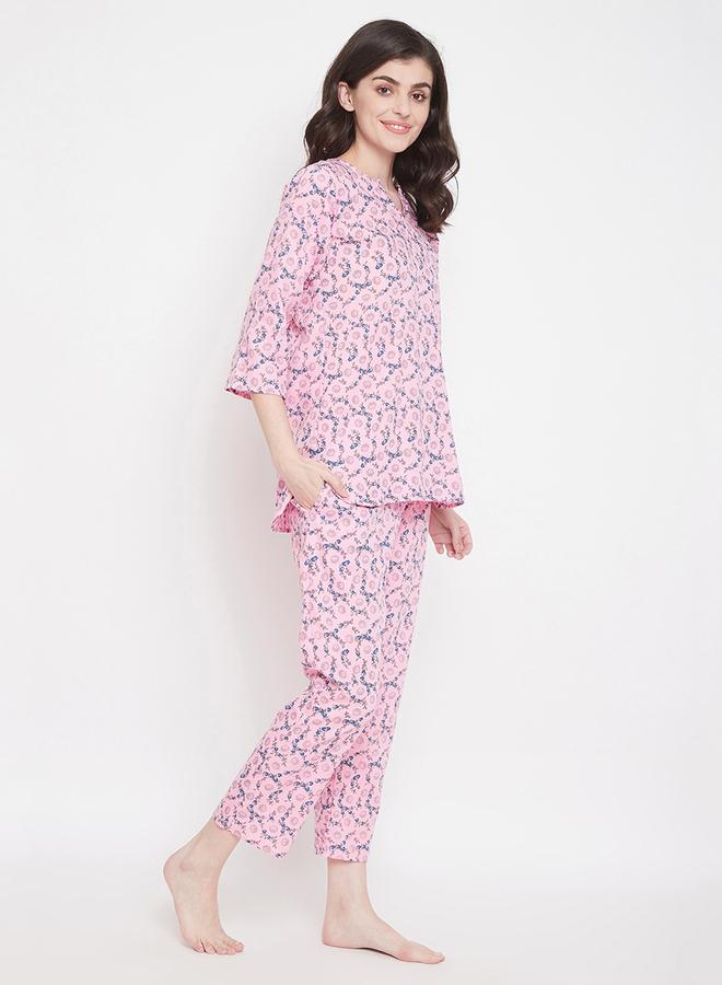 Clovia Women Printed Pink Cotton Blend Pyjama Set - Image 2