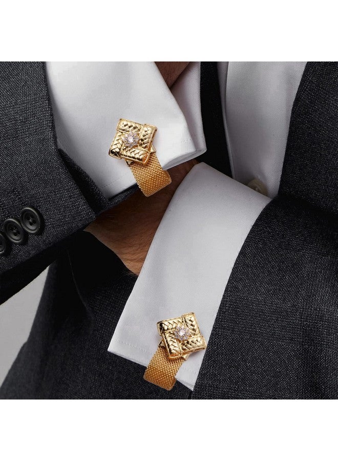 هاوسن أزرار أكمام للرجال مع سلسلة في صندوق هدايا - مجوهرات أو إكسسوارات بدلة قميص ذهبية لامعة - هدايا حفلات للرجال أو الأولاد (مربع) - Image 3