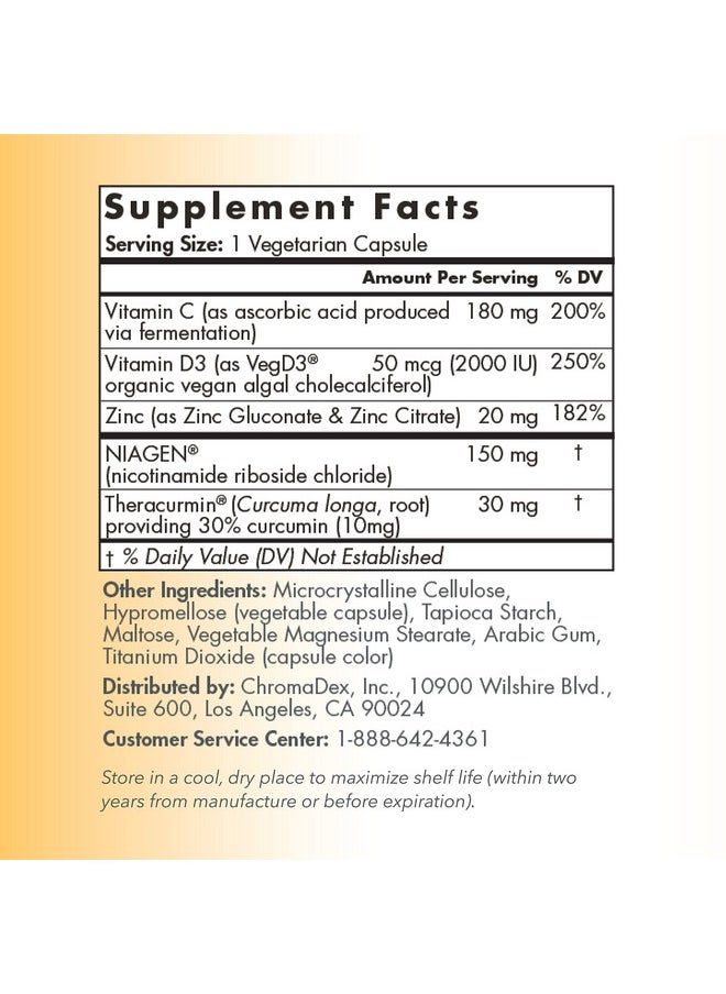 TRU NIAGEN TRU NIAGEN Immune Support Supplement - Daily Defense - Vitamin C from Fermentation, Vegan Vitamin D3 2000 IU, Zinc, Plus Theracurmin (Curcumin) + Multi Award-Winning NAD Boosting Niagen 150mg 60ct  - Image 4