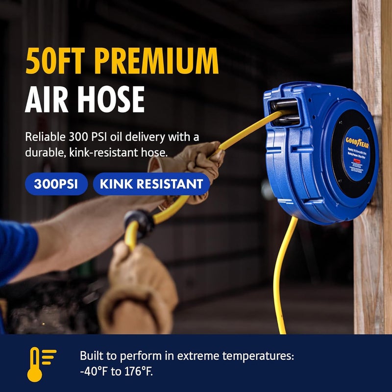 Goodyear 27527153G Enclosed Retractable Air Compressor/Water Hose Reel with 3/8 in. x 50 ft. Hybrid Polymer Hose, Max. 300PSI - Image 2