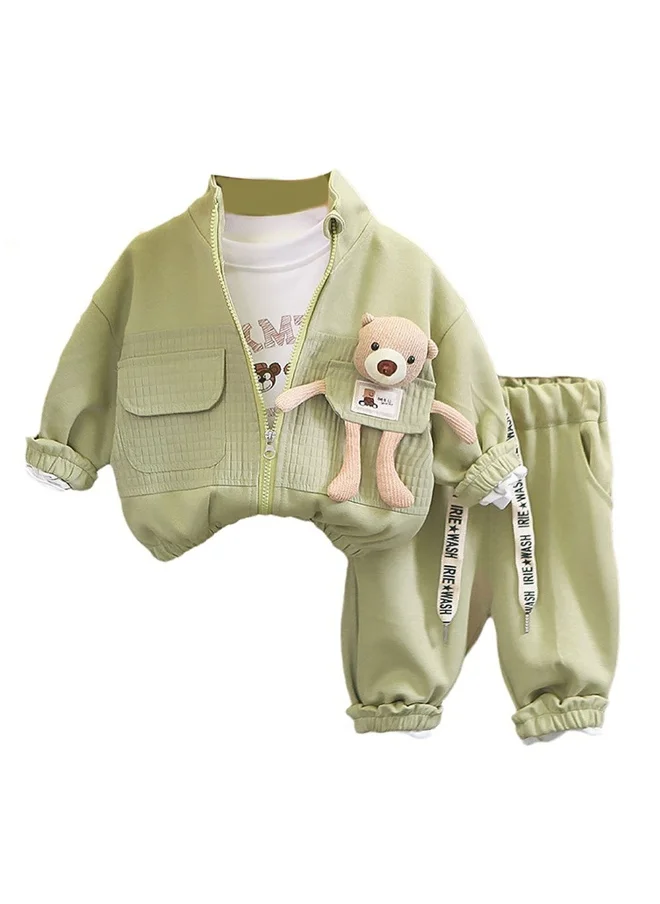 LITTLE SURPRISE BOX Box 3 Pcs Set Olive Green Teddy Jacket Tshirt And Pants Set For Toddler And Kids Winter And All Season Wear-3-4Y
