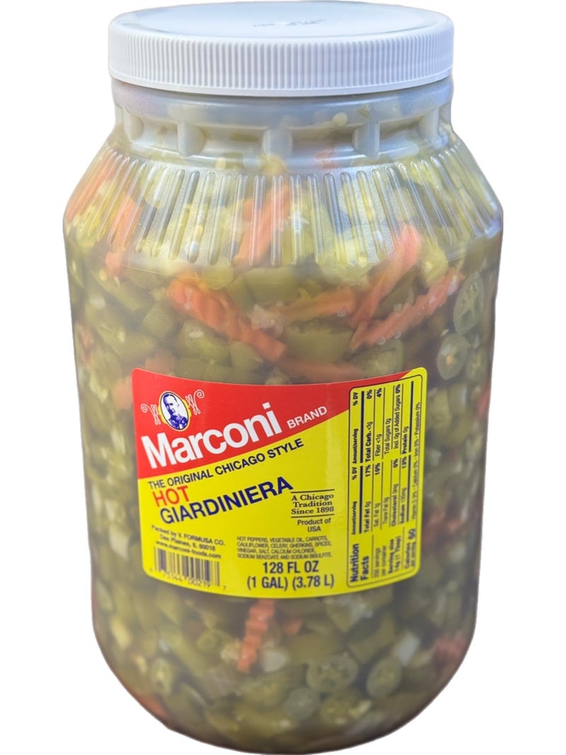 Marconi Hot Giardiniera Chicago Style Vegetable Mix with Peppers Carrots Cauliflower Celery Gherkins Bulk Jar 128 fl oz 1 Gallon - Image 3