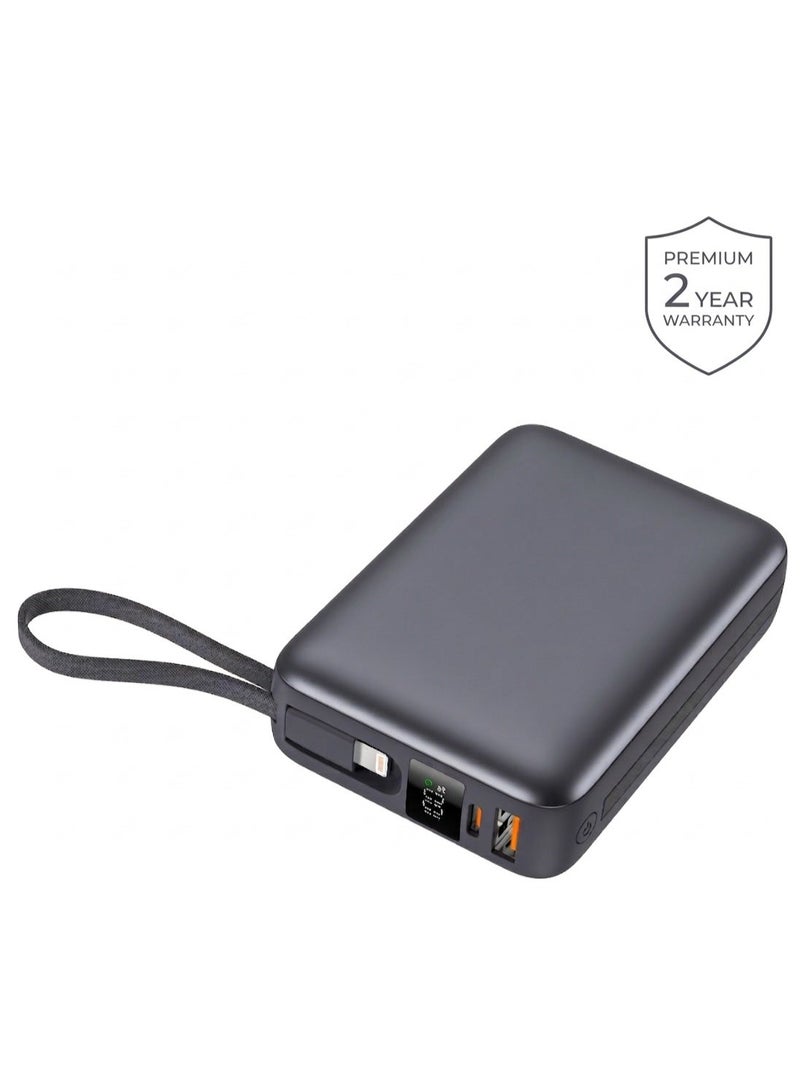 iOsuite Mini Power Bank 20000mAh 22.5W Fast Charging, Air Travel Approved & Flight Safe, Charge 4 Devices Simultaneously, Built-in Type-C & Lightning Cables, USB-C & USB-A Ports, Digital LED Display, Portable Charger for iPhone, Samsung, Huawei & More – Grey - Image 2