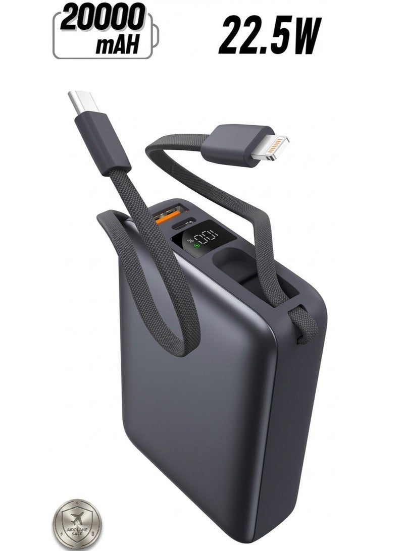 iOsuite Mini Power Bank 20000mAh 22.5W Fast Charging, Air Travel Approved & Flight Safe, Charge 4 Devices Simultaneously, Built-in Type-C & Lightning Cables, USB-C & USB-A Ports, Digital LED Display, Portable Charger for iPhone, Samsung, Huawei & More – Grey - Image 1