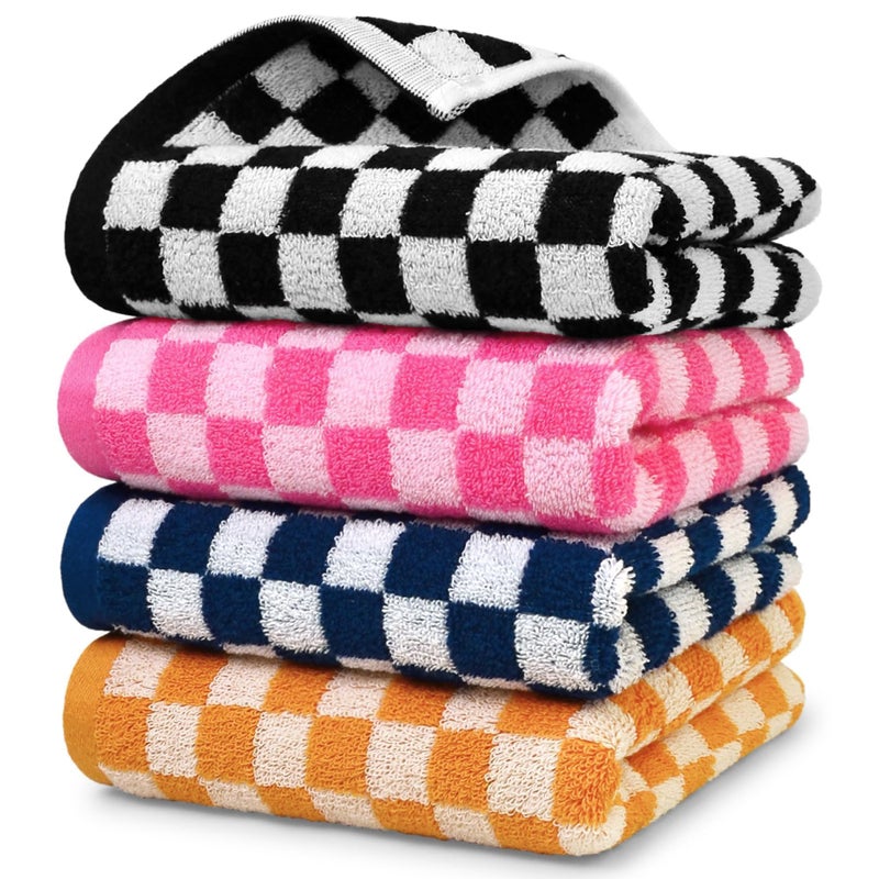 Jacquotha Luxury Hand Towels Set of 4 - Cotton Soft Decorative Checkered Towels for Kitchen Bathroom, Black, Hot Pink, Navy, Orange, 13x29 Inches Men Women Family Towel - Image 1