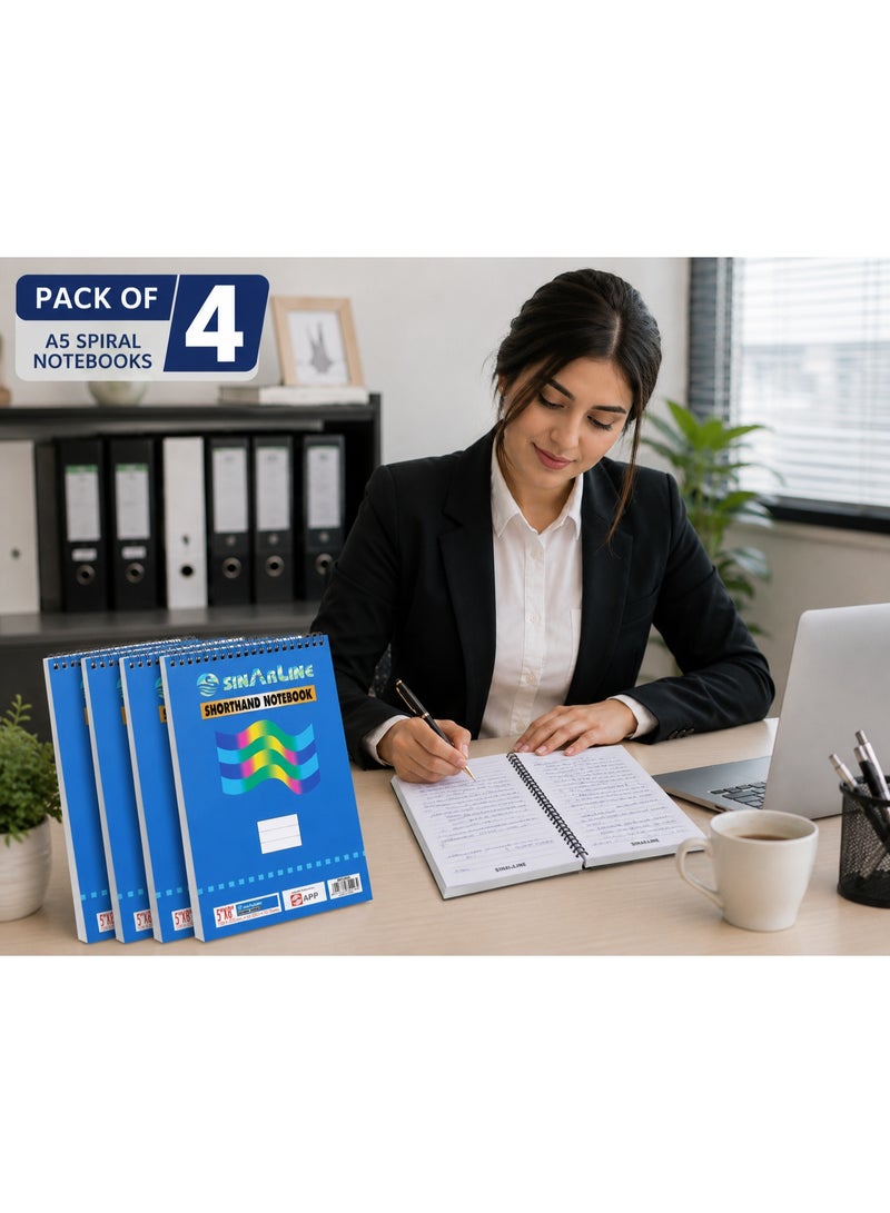 SINARLINE A5 Spiral Notebook 4 Pack – Sinarline 5 x 8 Inch Ruled Short Hand Writing Notebooks for School, Office & College - Image 1