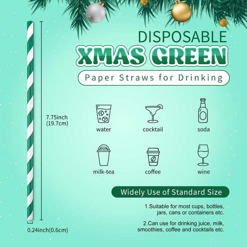 PakTalk [100 Pack] Green Straws  Disposable Christmas Green and White Striped Straws for Cocktails  Milkshake  St.Patrick and Christmas Party (0.24"" x 7.75"") - Image 1