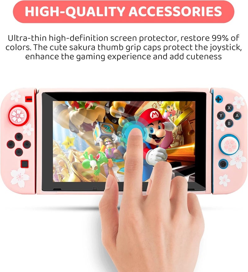 FANPL حقيبة اللطيفة لحمل جهاز Nintendo Switch، مجموعة ملحق��ت Switch الوردية مع حقيبة سفر صلبة، غطاء TPU ناعم، حزام قابل للتعديل، واقي شاشة، أغطية قبضة الإبهام، وردي أبيض ساكورا للفتيات - Image 5