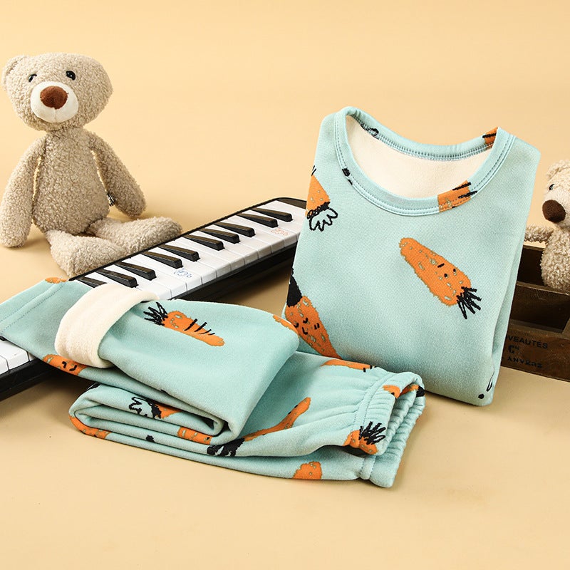 Kids Warm Velvet Cotton Underwear Set Green radish (fleece-lined) 