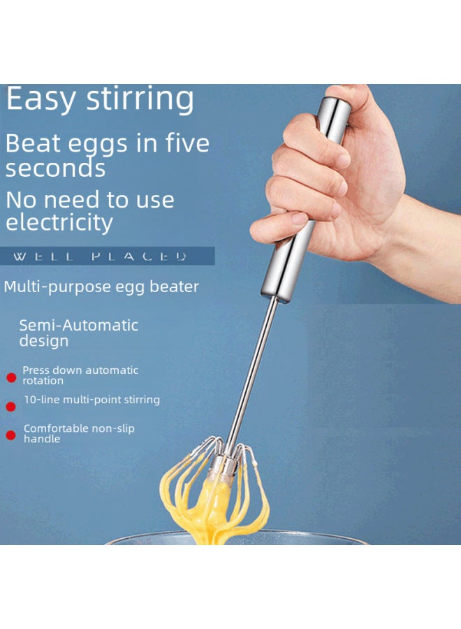Stainless Steel Semi-automatic Egg Beater Press Blender Handheld Semi-automatic Egg White Blender Household Egg Beater-Color:28cm Silicone Handle - Image 3