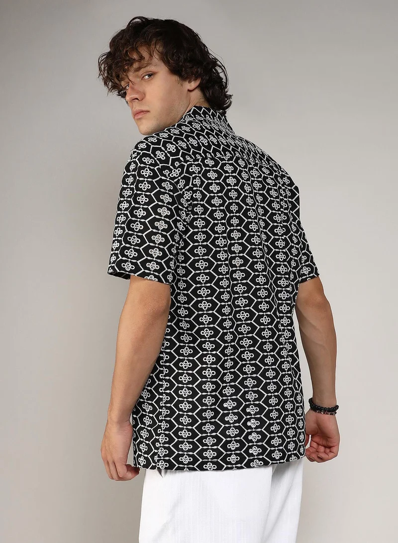 Campus Sutra Men's Obsidian Black Embroidered Geometric Shirt