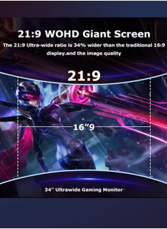 HILUKE 34 Inch Ultrawide Curved Gaming Monitor, 1500R PC Screen 144hz UWQHD 3440x1440, Curved Computer Screen with FreeSync,Multi-Directional Adjustable Base  - Image 3