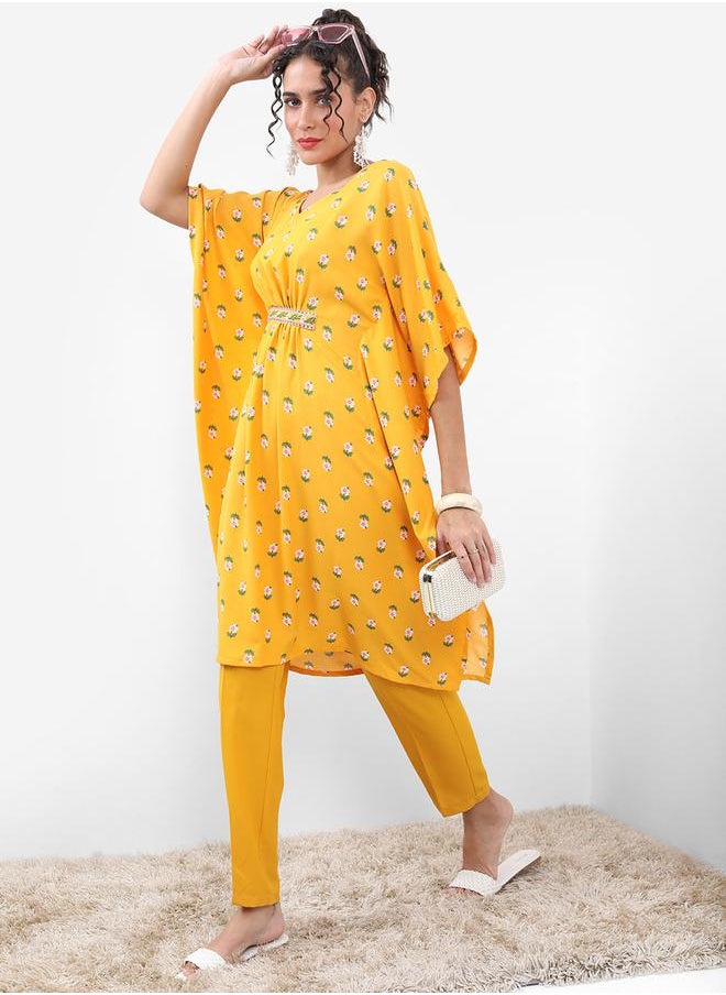 Vishudh Yellow Floral Printed Kaftan Set with Trouser by Styli  - Image 1