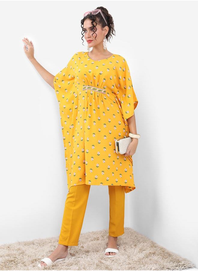 Vishudh Yellow Floral Printed Kaftan Set with Trouser by Styli  - Image 4