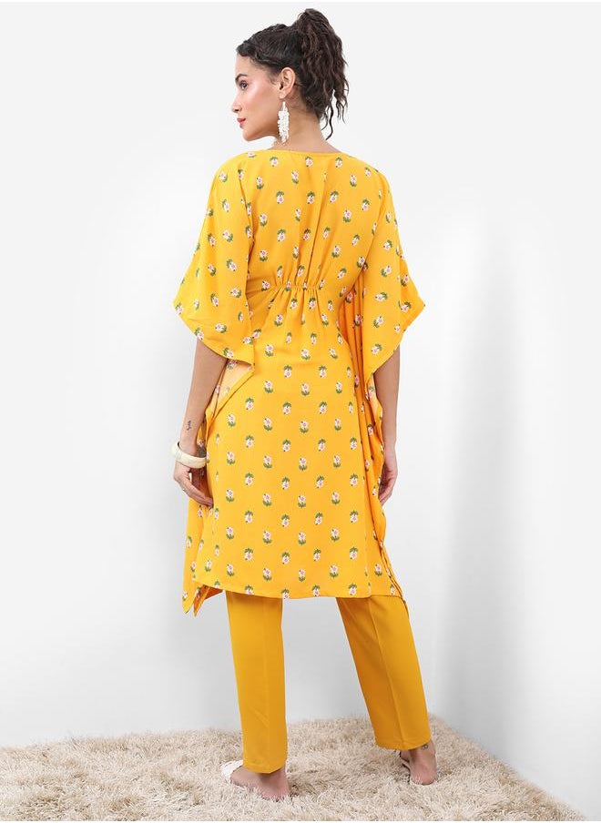 Vishudh Yellow Floral Printed Kaftan Set with Trouser by Styli  - Image 3
