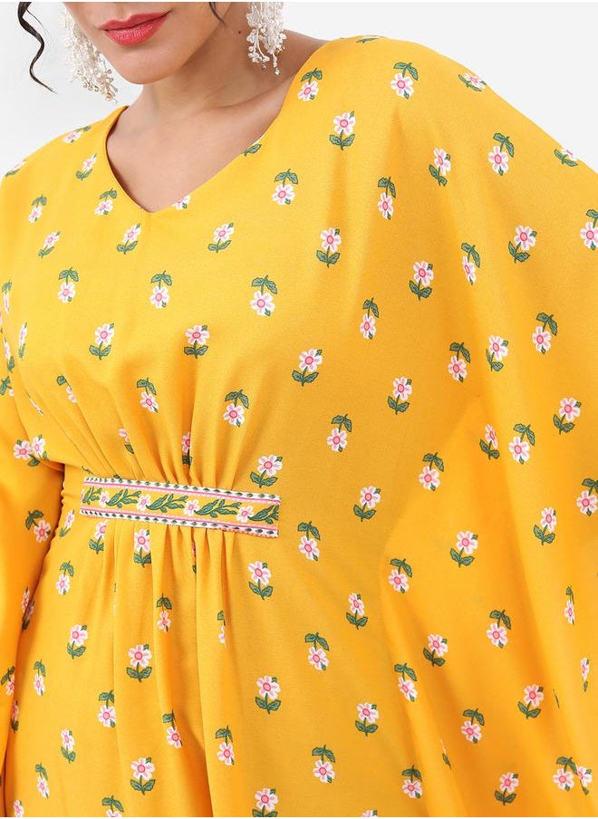 Vishudh Yellow Floral Printed Kaftan Set with Trouser by Styli  - Image 5