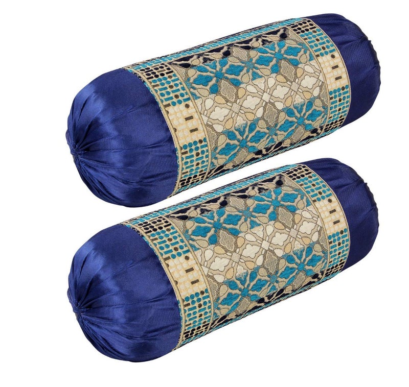 Outlay Home Luxury chennile Bolster Cover, Round Pillow Cover Set of 2, Masand Cover - 32 * 16 inches, Navy Blue - Image 5