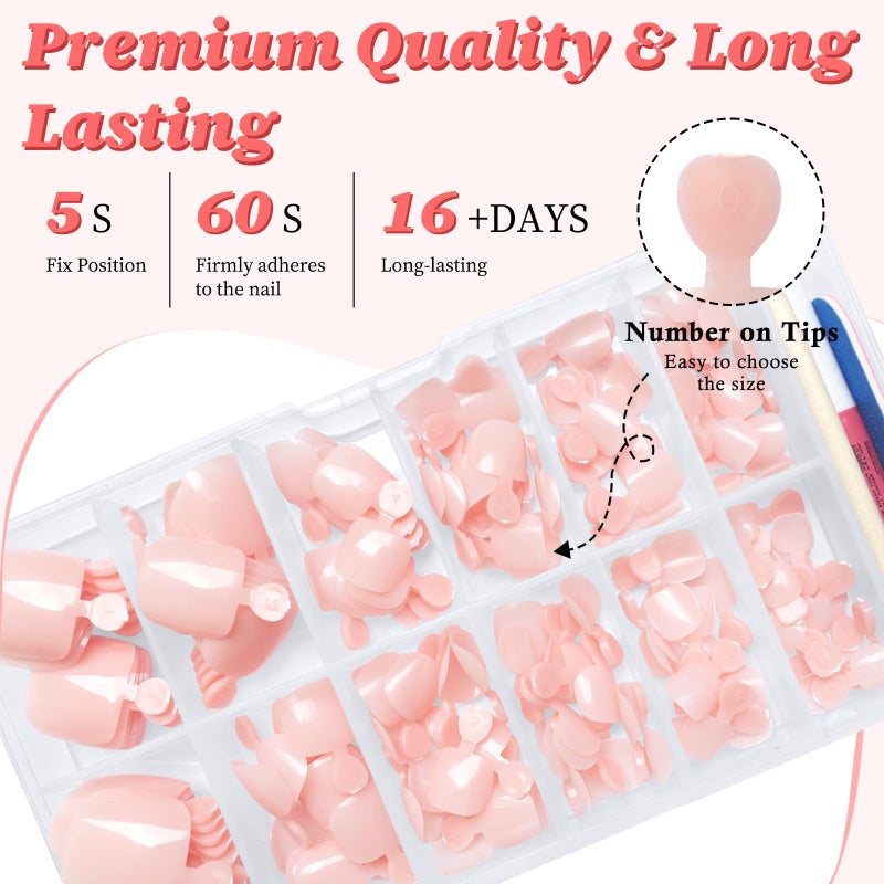 LuckForever 168pc Press on Toenails Women Fake Toe Nails with Glue Tabs, Nude Fake Toenails Press on Nail Toe Acrylic Nail Tips Short Square False Toenail Feet Artificial Toe Nails Press on - Image 3