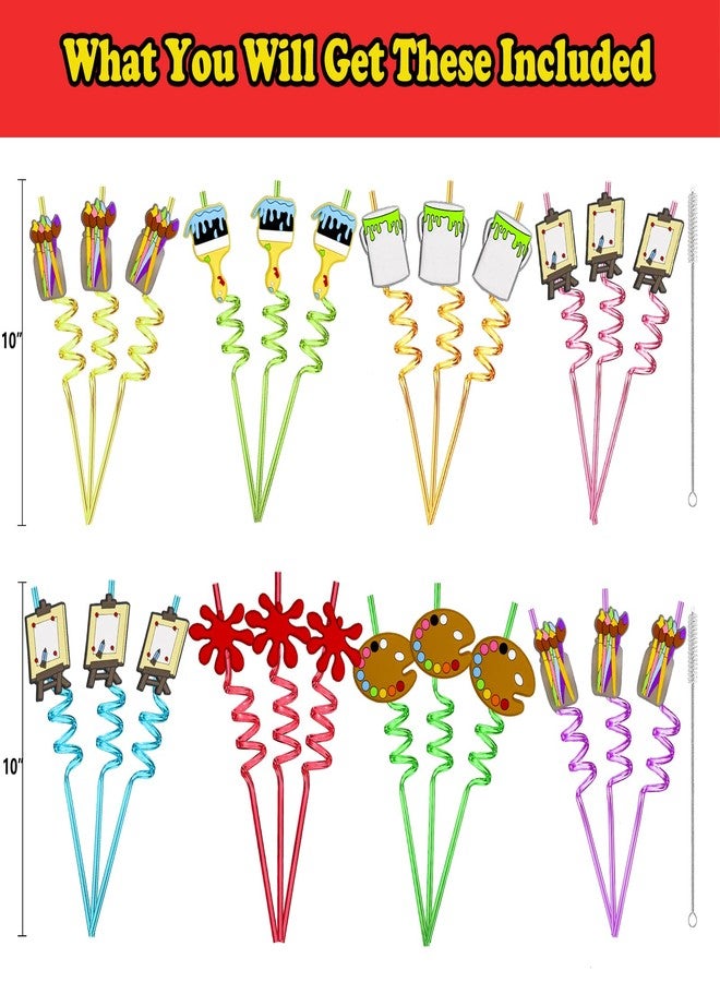 Meaxur 24pcs Art Painting Curly Straws for Cocktail Drink and Brushes Pad Paint Birthday Party Supplies Decorations Welcome Back to School Art Painting Party Favors with 2 Cleaning Brushes 8 Colors Straws - Image 2
