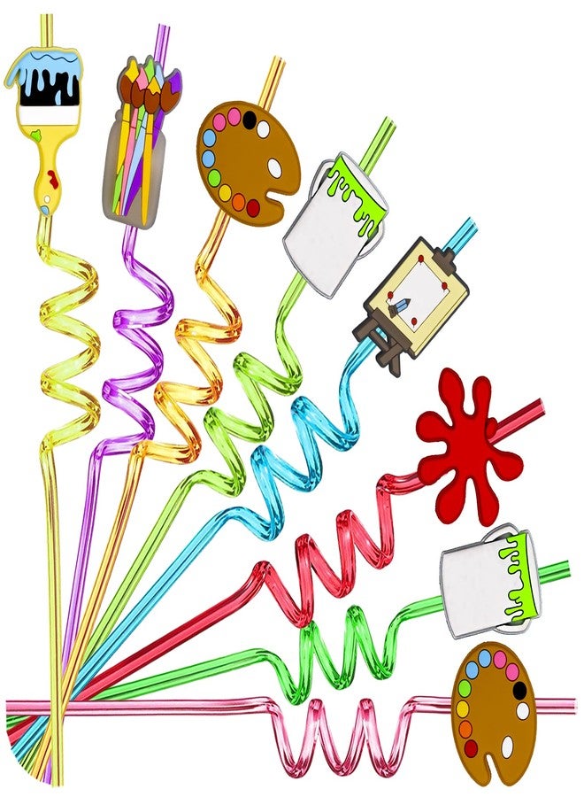 Meaxur 24pcs Art Painting Curly Straws for Cocktail Drink and Brushes Pad Paint Birthday Party Supplies Decorations Welcome Back to School Art Painting Party Favors with 2 Cleaning Brushes 8 Colors Straws - Image 1