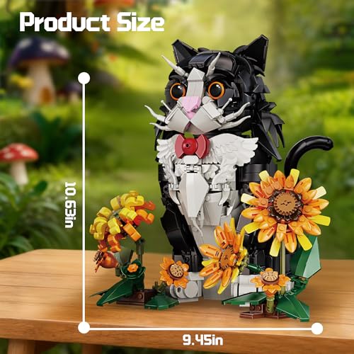 ZONECYTD Tuxedo Cat Building Set with Sunflowers for Adults Ages 14 Compatible with Lego Animal Kit for Home Living Room or Bedroom Decor Black 1434PCS - Image 5
