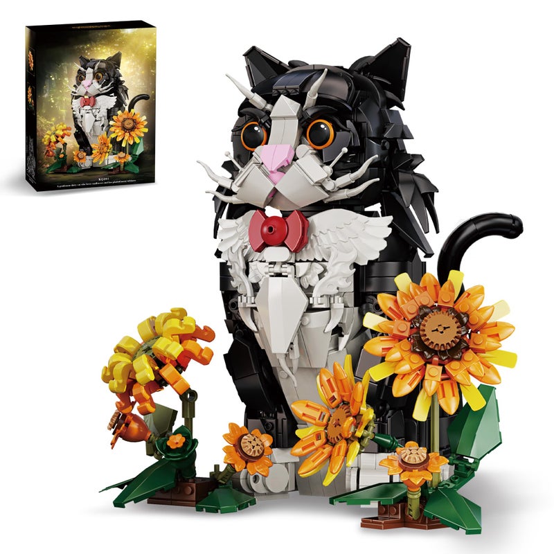 ZONECYTD Tuxedo Cat Building Set with Sunflowers for Adults Ages 14 Compatible with Lego Animal Kit for Home Living Room or Bedroom Decor Black 1434PCS - Image 3