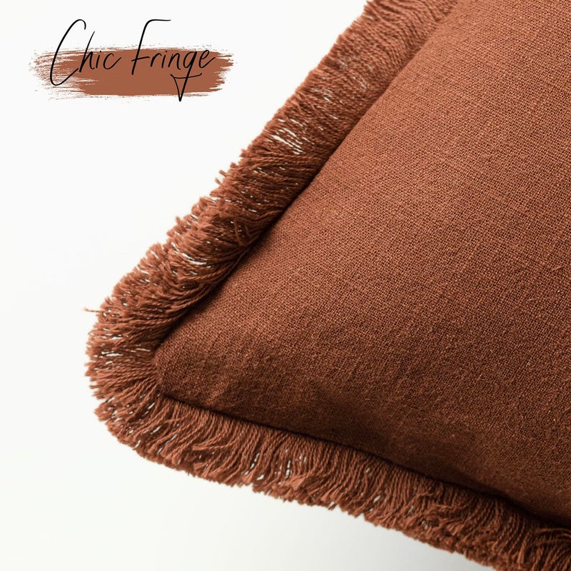Foindtower Set of 2 Decorative Linen Fringe Throw Pillow Covers Boho Farmhouse Cushion Cover with Tassels Soft Accent Pillowcase for Couch Sofa Bed Living Room Home Decor, 26Ã—26 Inch, Fall Rust Orange - Image 3