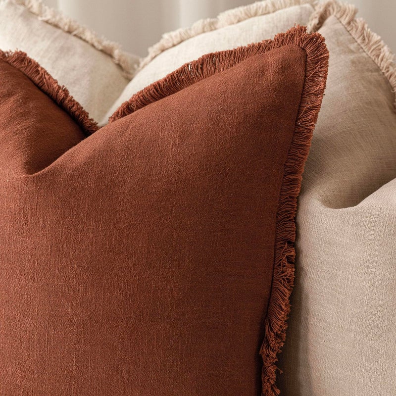 Foindtower Set of 2 Decorative Linen Fringe Throw Pillow Covers Boho Farmhouse Cushion Cover with Tassels Soft Accent Pillowcase for Couch Sofa Bed Living Room Home Decor, 26Ã—26 Inch, Fall Rust Orange - Image 4