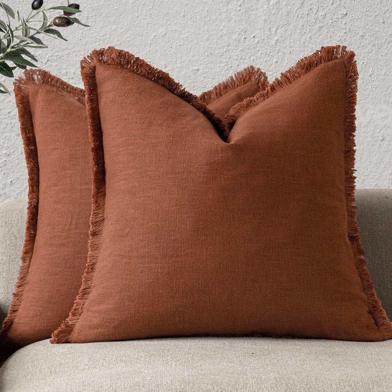 Foindtower Set of 2 Decorative Linen Fringe Throw Pillow Covers Boho Farmhouse Cushion Cover with Tassels Soft Accent Pillowcase for Couch Sofa Bed Living Room Home Decor, 26Ã—26 Inch, Fall Rust Orange - Image 1